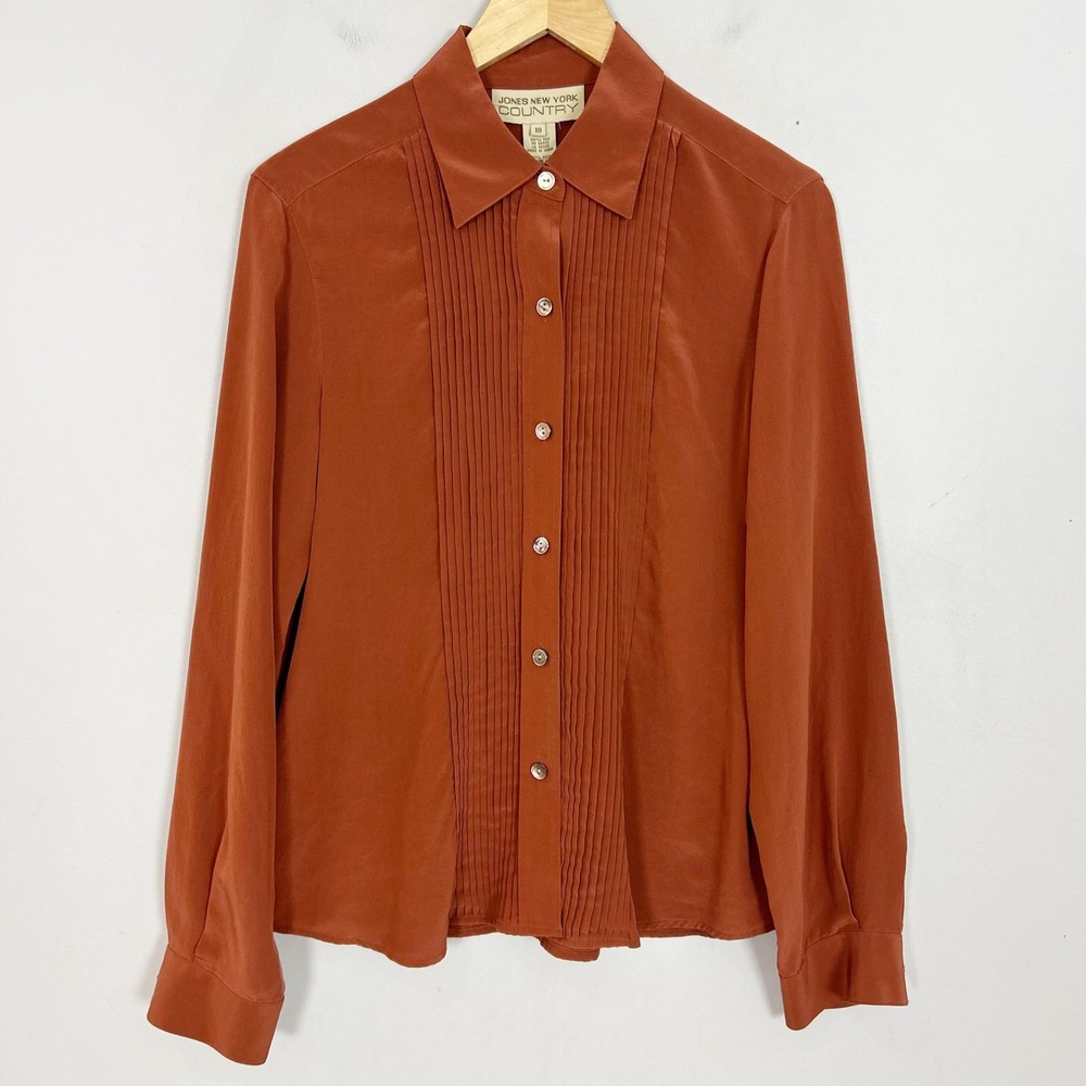 Vtg Jones New York Country Silk Blouse Rust Orange Tuxedo Top Women's Size 10